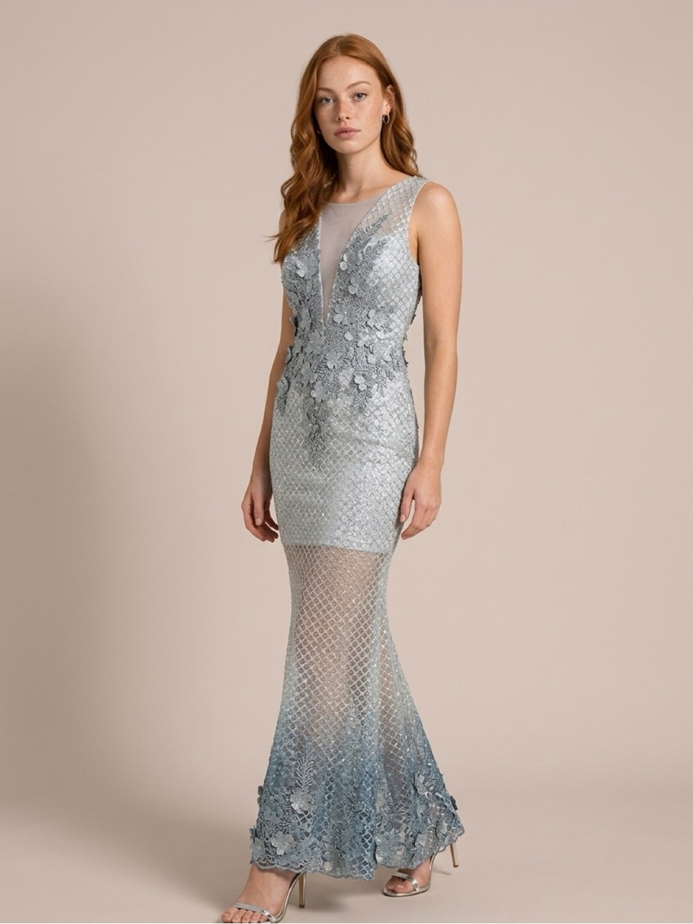 Silver Sequin Embellished V-Neck Evening Gown